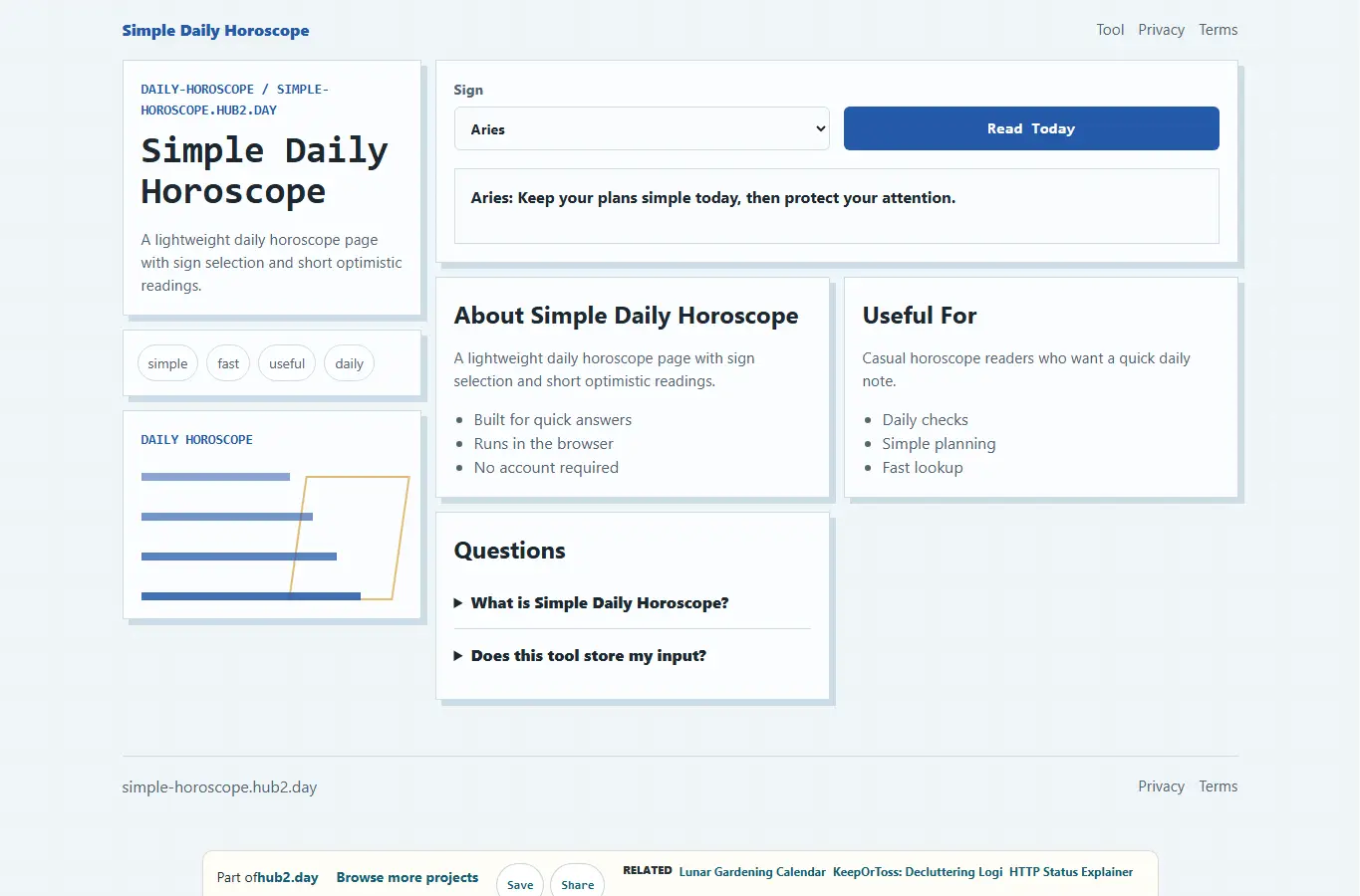 Screenshot of Simple Daily Horoscope interface showing the project page in use